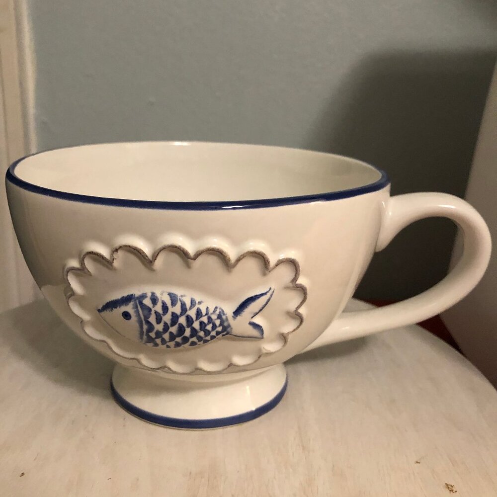 Amici white with blue trim "fish" mug/soup bowl.